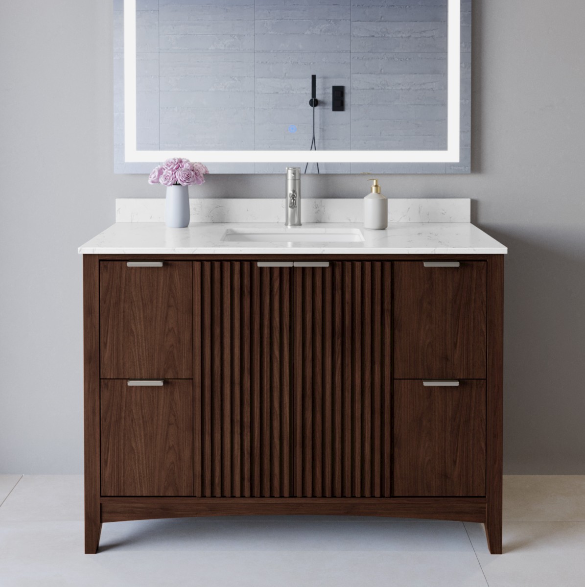 48 Inch Single Bathroom Vanity in Dark Walnut, Brushed Nickel Trim with 3 Hardware Options and Countertop Options