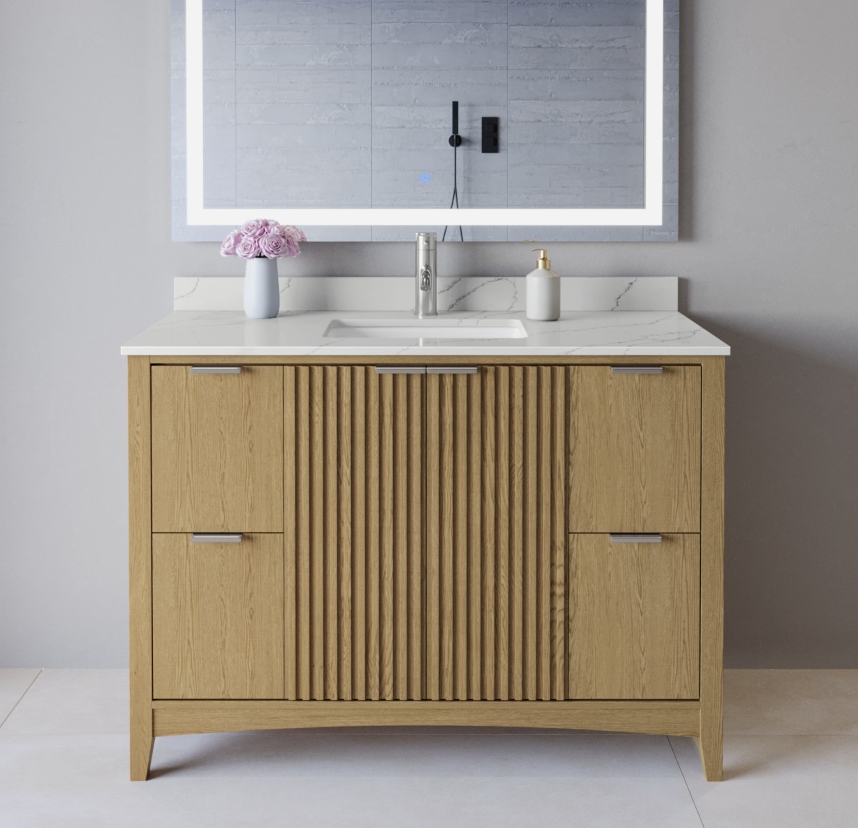 48 Inch Single Bathroom Vanity in Natural Oak, Matte Black Trim with 3 Hardware Options and Countertop Options