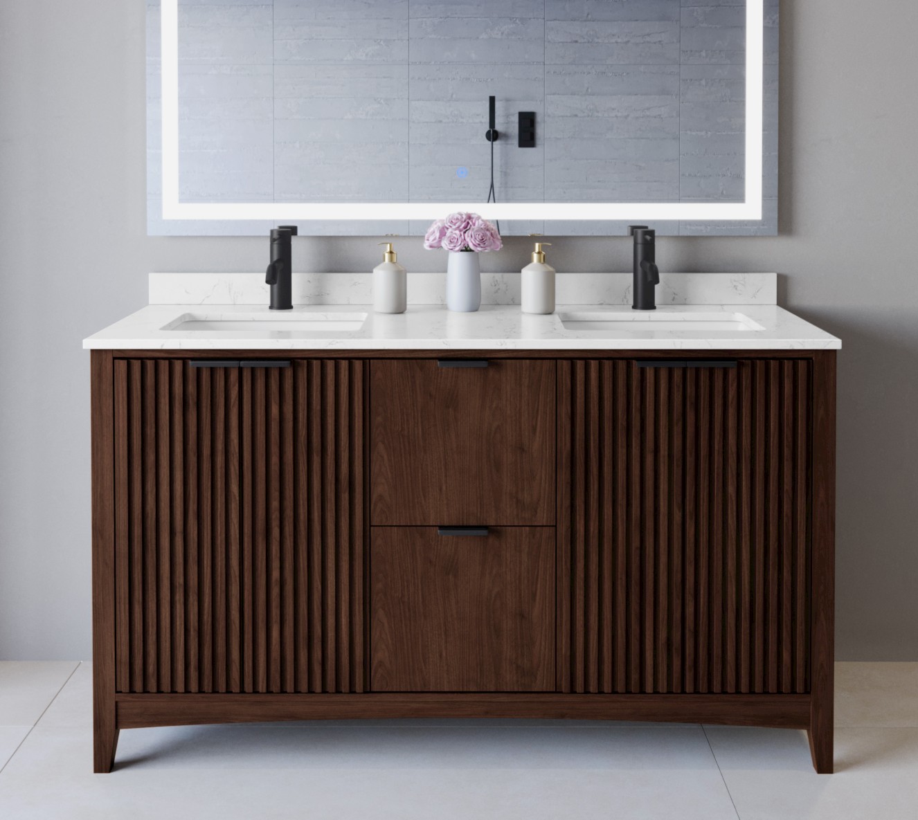60 Inch Double Bathroom Vanity in Dark Walnut, Matte Black Trim with 3 Hardware Options and Countertop Options