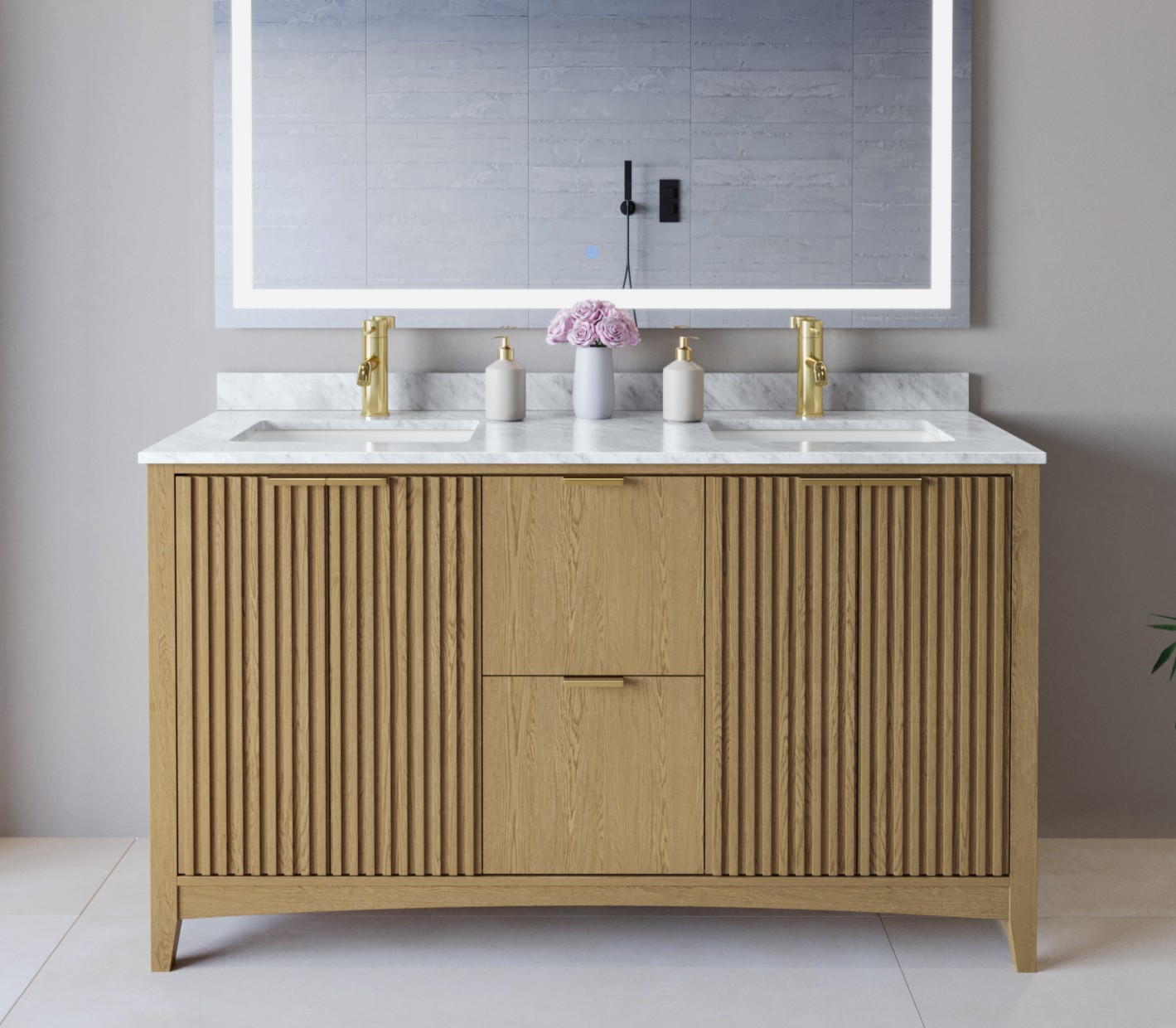 60 Inch Double Bathroom Vanity in Natural Oak, Brushed Gold Trim with 3 Hardware Options and Countertop Options