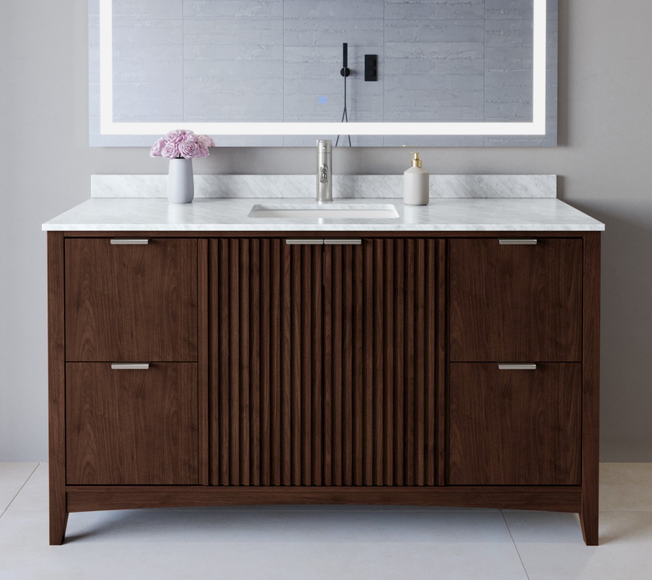 60 Inch Single Bathroom Vanity in Dark Walnut, Brushed Nickel Trim with 3 Hardware Options and Countertop Options