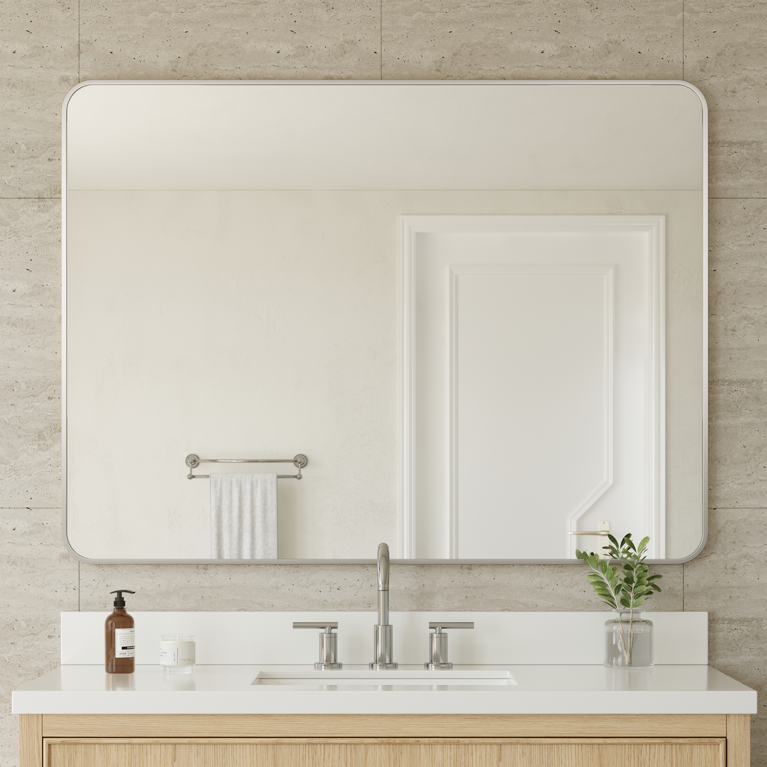 48 in. W x 36 in. H Metal Framed Radius Edge Bathroom Vanity Mirror in Brushed Nickel with 3 Color Finish Options