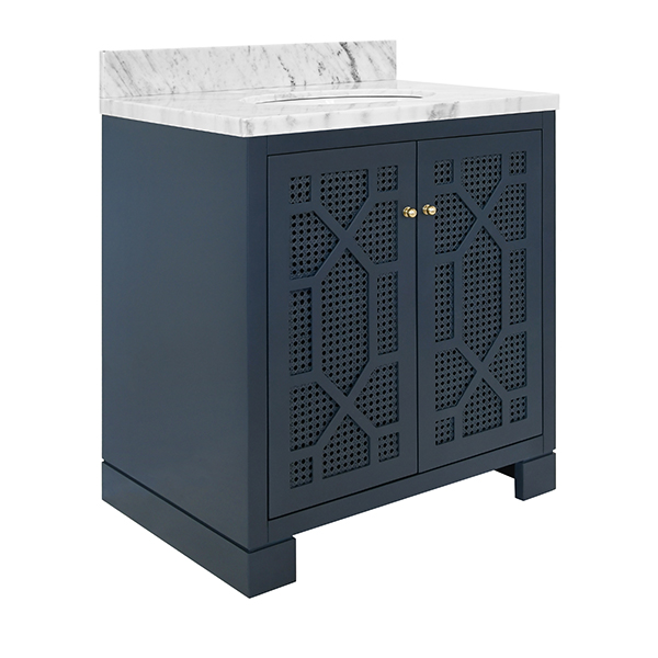 Issac Edwards 30.5" Single Bathroom Vanity in Navy with White Carrara Marble Vanity Top and Porcelain Sink