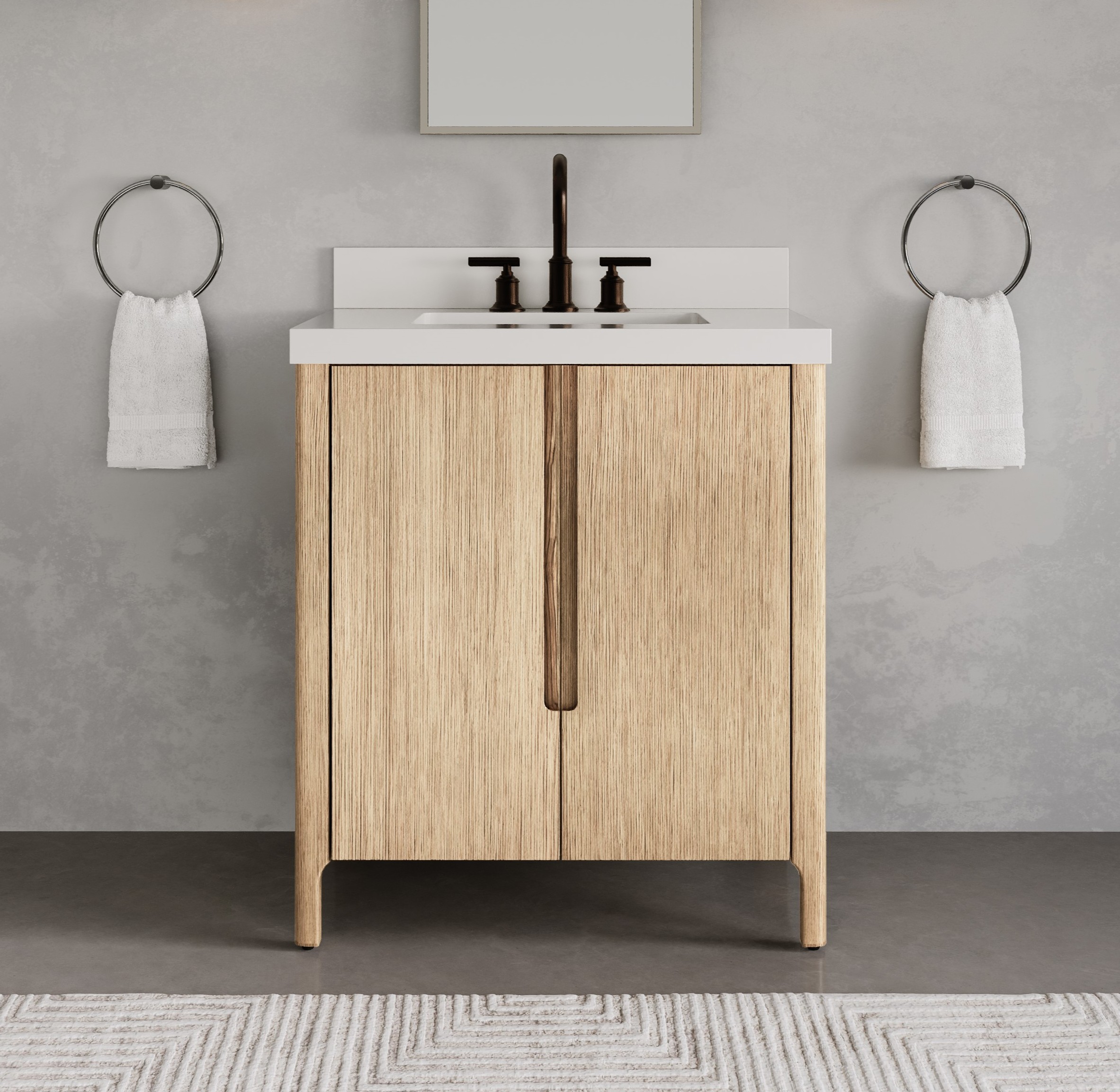 30 in. Single Sink Bath Vanity in Casa Latte with White Quartz Top with Linen Cabinet and Medicine Cabinet Options
