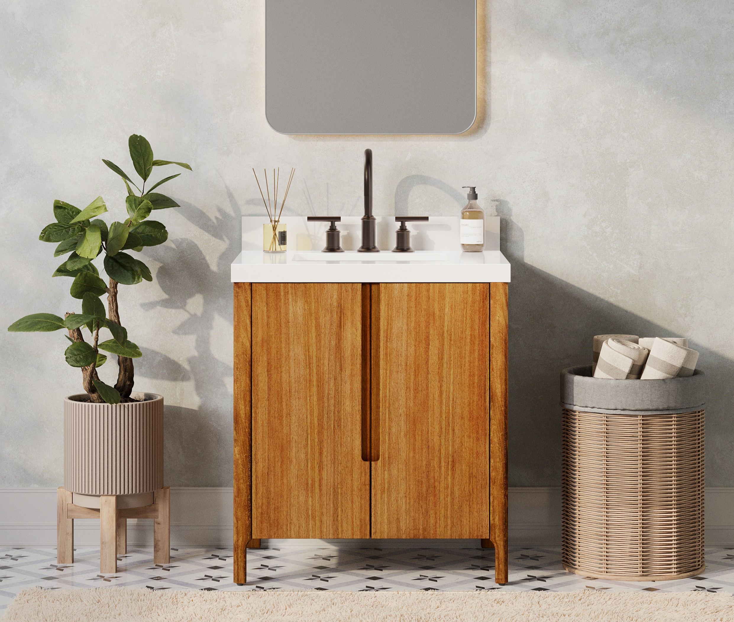 30 in. Single Sink Bath Vanity in Mango Wood With White Brook Quartz Top with Linen Cabinet and Medicine Cabinet Options 30 in. Single Sink Bath Vanity in Mango Wood With White Brook Quartz Top with Linen Cabinet and Medicine Cabinet Options