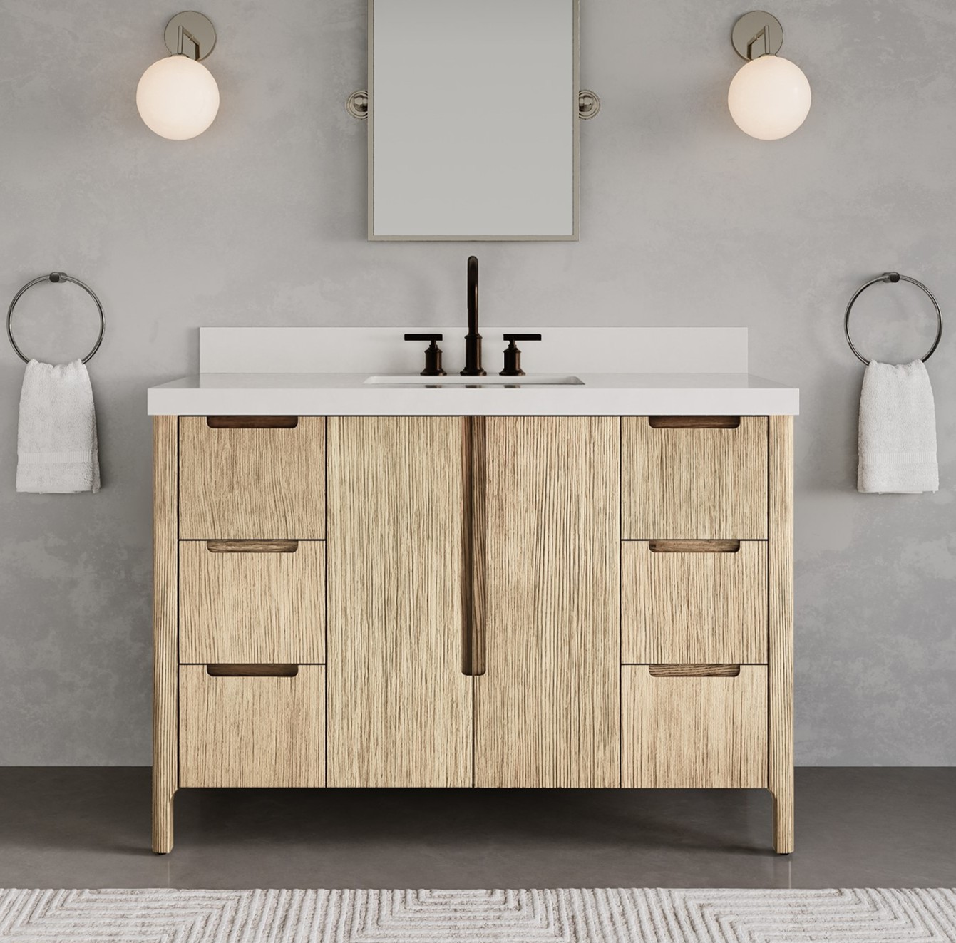 48 in. Single Sink Bath Vanity in Casa Latte with White Quartz Top with Linen Cabinet and Medicine Cabinet Options