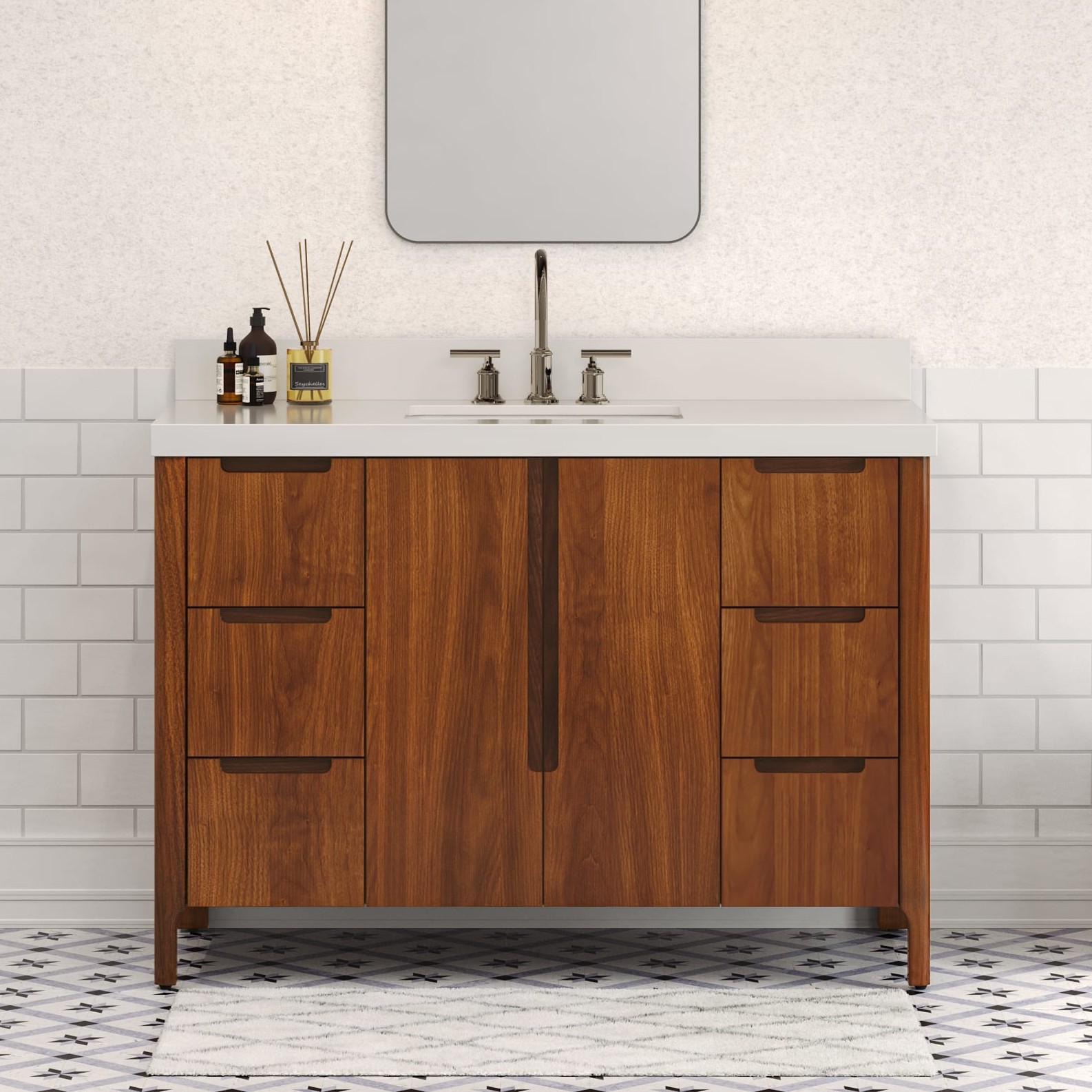 48 In. Single Sink Bath Vanity in Noir Juglans with White Quartz Top with Linen Cabinet and Medicine Cabinet Options