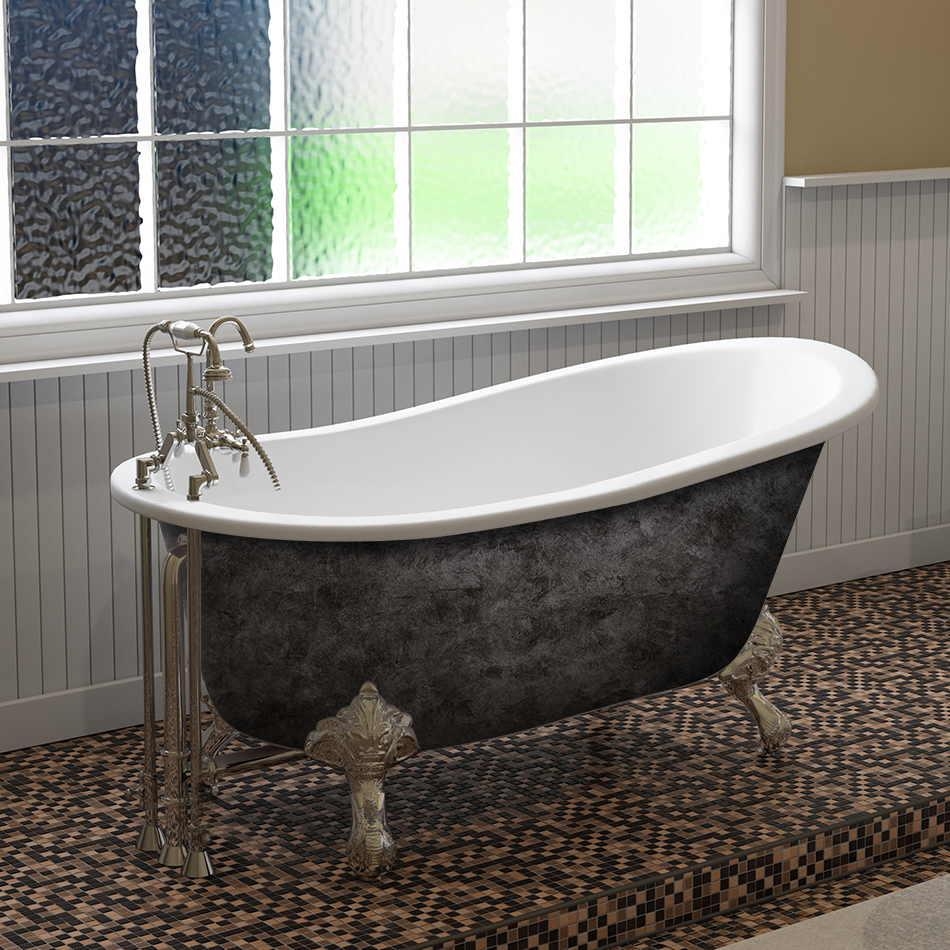Cambridge Scorched Platinum 61" x 30" Cast Iron Slipper Bathtub with 7" Deck Mount Faucet Holes and Polished Chrome Feet