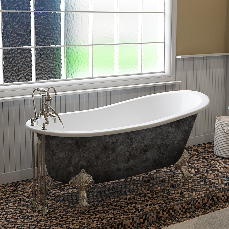 Cambridge Scorched Platinum 67" x 30" Cast Iron Slipper Bathtub with "7" Deck Mount Faucet Holes and Polished Chrome Ball and Claw Feet
