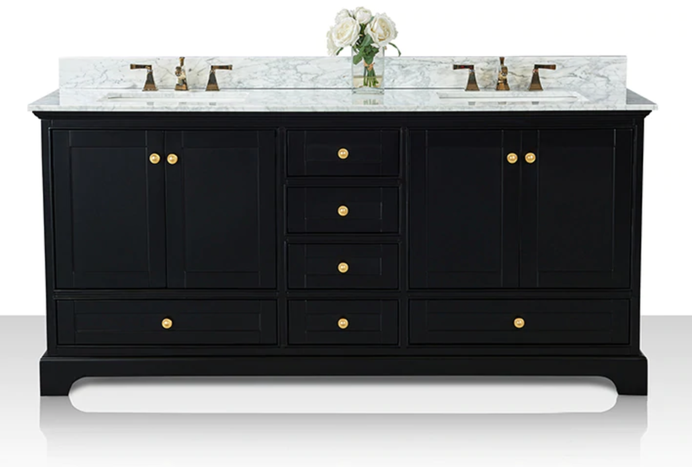 72" Bath Vanity Set in Black Onyx with Italian Carrara White Marble Vanity top and White Undermount Basin with Gold Hardware