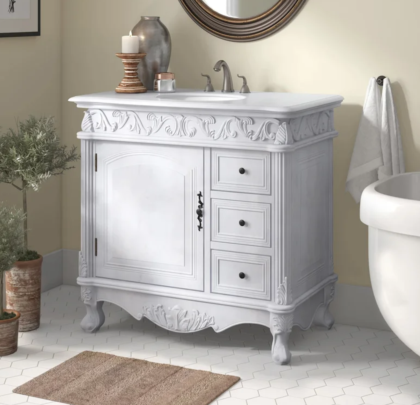 36" Antique White with Matching Medicine Cabinet, with 2 Marble Top options, and Linen Cabinet Option