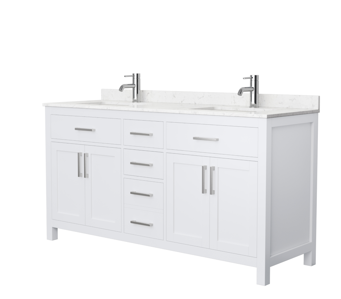 66" Double Bathroom Vanity in White, Carrara Cultured Marble Countertop, Undermount Square Sinks, Trim Options