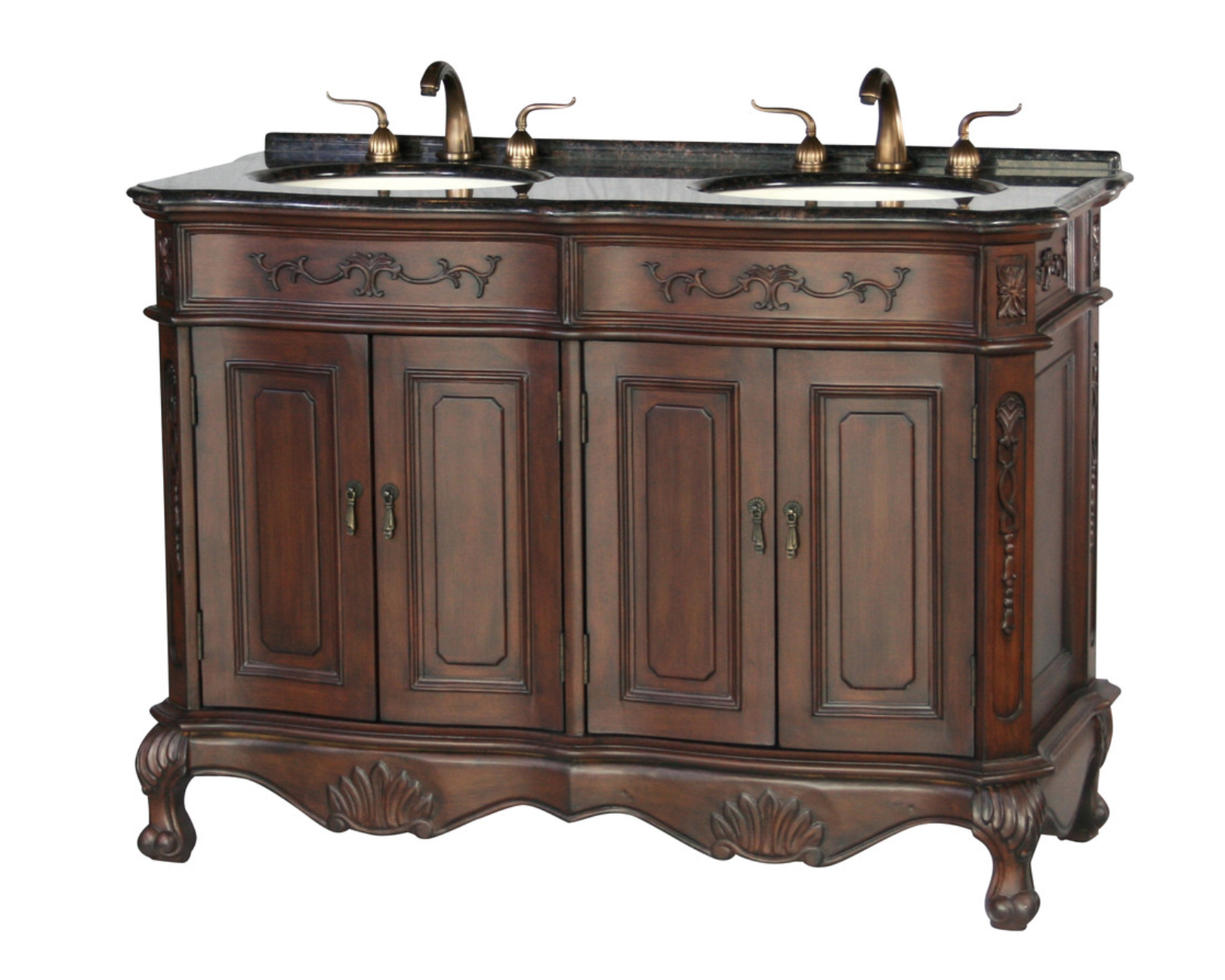 50" Adelina Antique Style Double Sink Bathroom Vanity in Walnut Wooden Cabinet Finish with Dark Coral Brown Granite Countertop