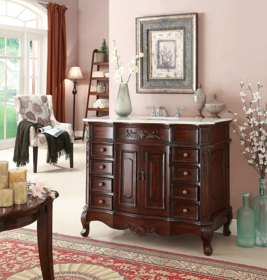 Adelina 42" Dark Walnut Antique Bathroom Vanity with Imperial White Marble Top  Adelina 42" Dark Walnut Antique Bathroom Vanity with Imperial White Marble Top