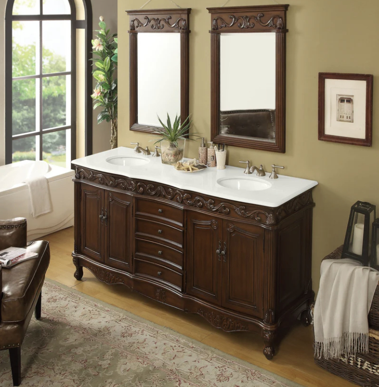 Adelina 72 inch Antique Double Sink Bathroom Vanity with White Imperial Marble Top 
