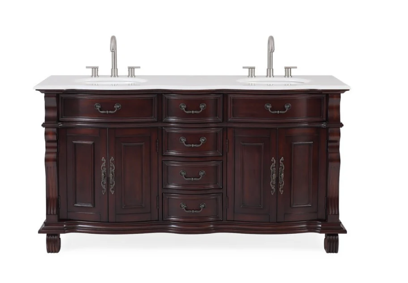 Adelina 64 inch Antique Style Double Sink Bathroom Vanity White Marble Top 