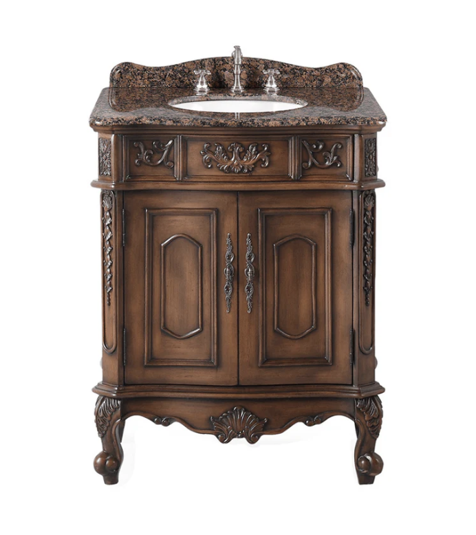 30 inch Adelina Antique Walnut Single Sink Bathroom Vanity Baltic Brown Granite Top with Matching Mirror Option  