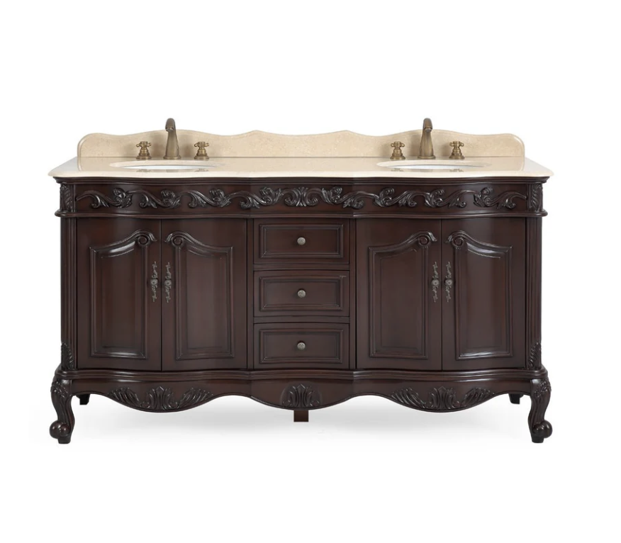 Adelina 64 inch Antique Walnut Double Bathroom Vanity with Mirror Option, Top option, and Backsplash Option