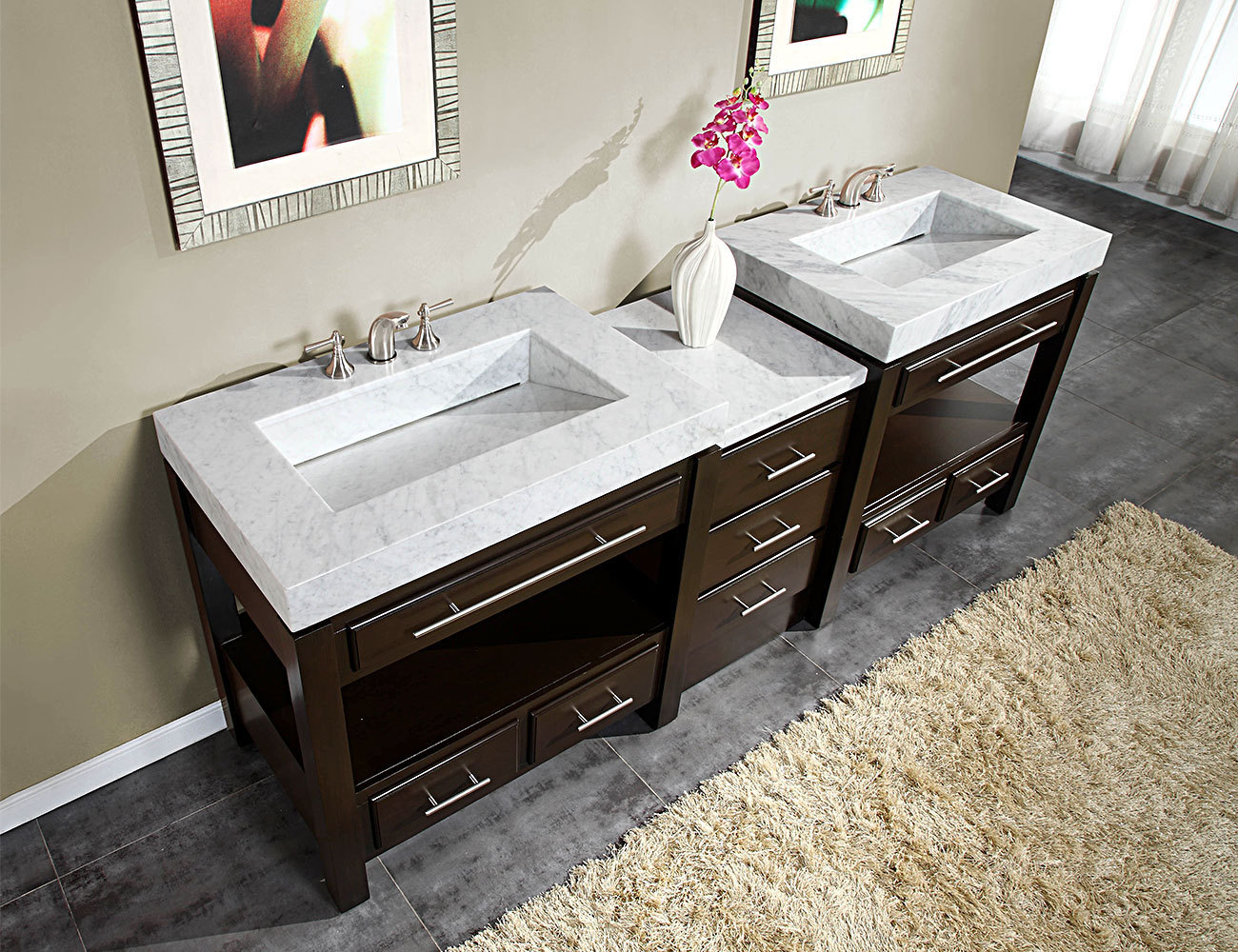 Accord Contemporary 92 inch  Moduler Bathroom Vanity Espresso Finish Marble Top
