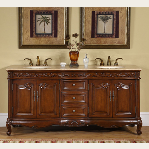 72 inch Antique Double Sink Vanity Polished Cherry Wood Finish Bathroom 
