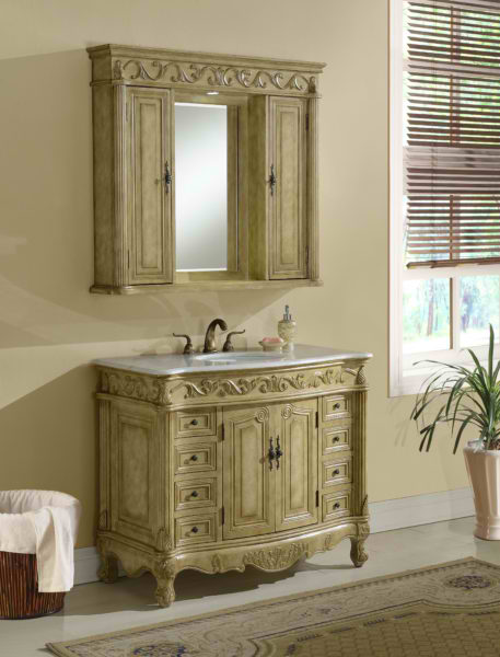 42" Tan with Matching Medicine Cabinet, Cream Marble Top