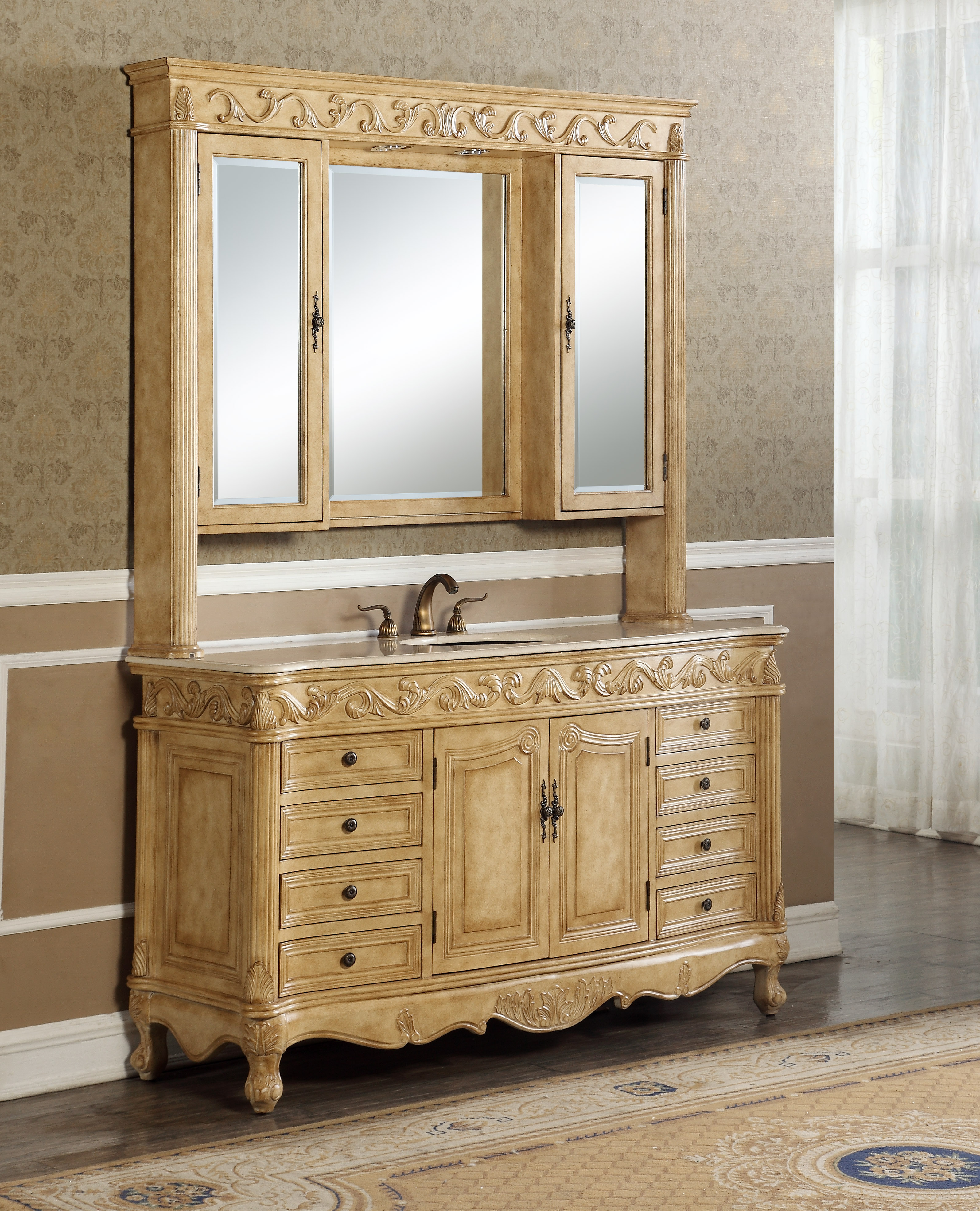 60" Antique Tan with Matching Medicine Cabinet, Imperial White Marble Top