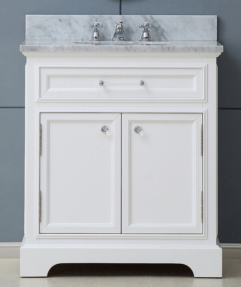 30" Pure White Single Sink Bathroom Vanity with White Carrara Marble Top