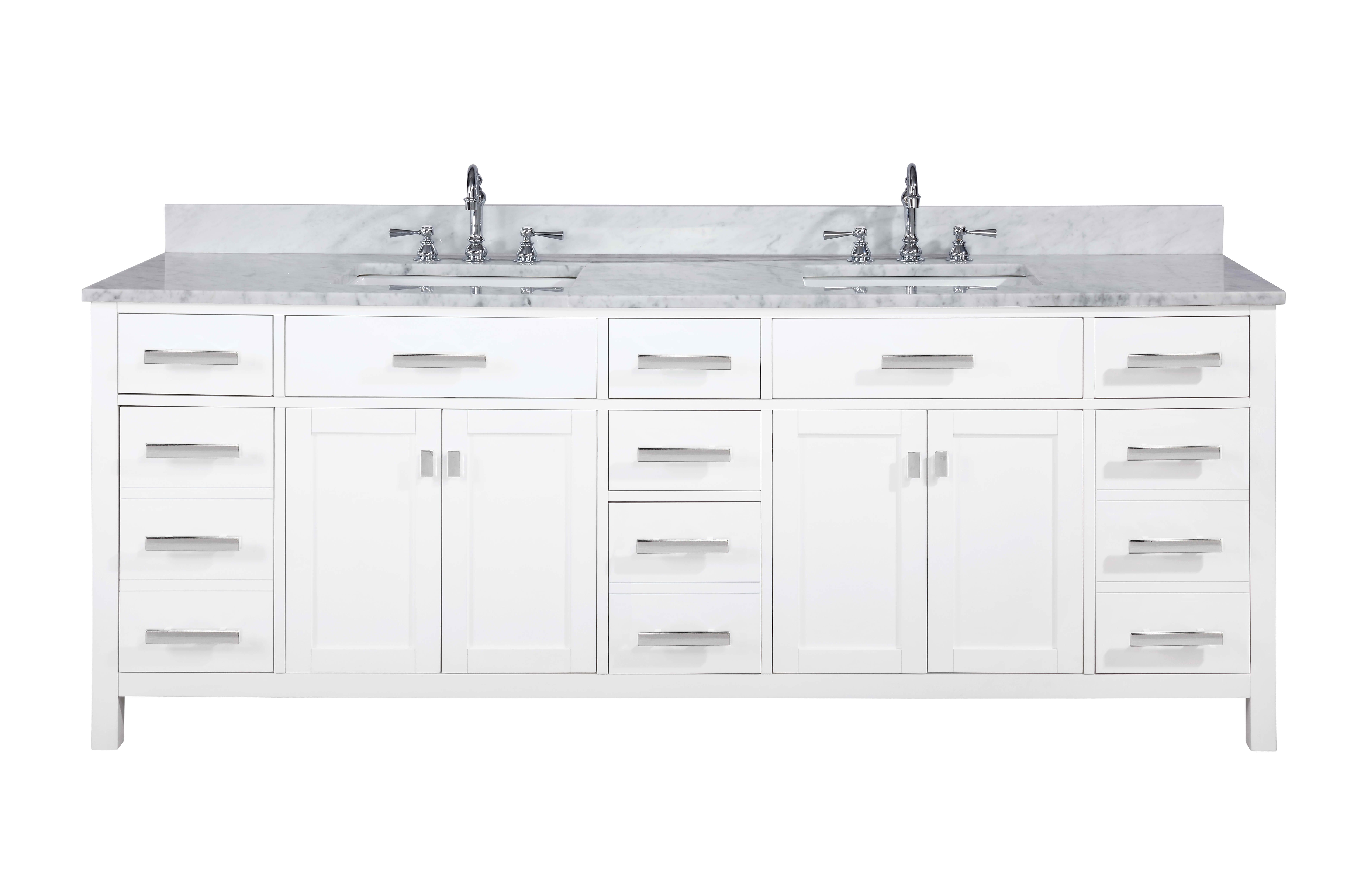 Modern 84" Double Sink Vanity with Carrara Marble Counterop in White Finish