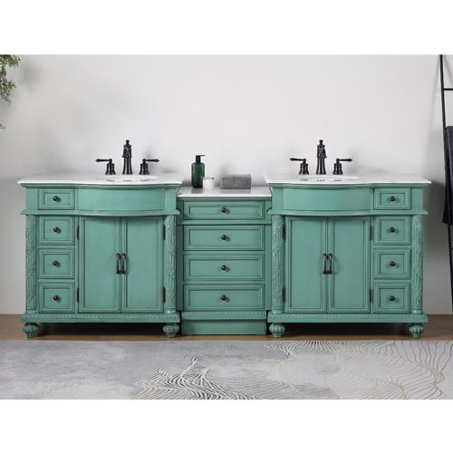 Adelina 90" Antique Mint Green Traditional Style Double Sink Bathroom Vanity with White Carrara Marble Countertop
