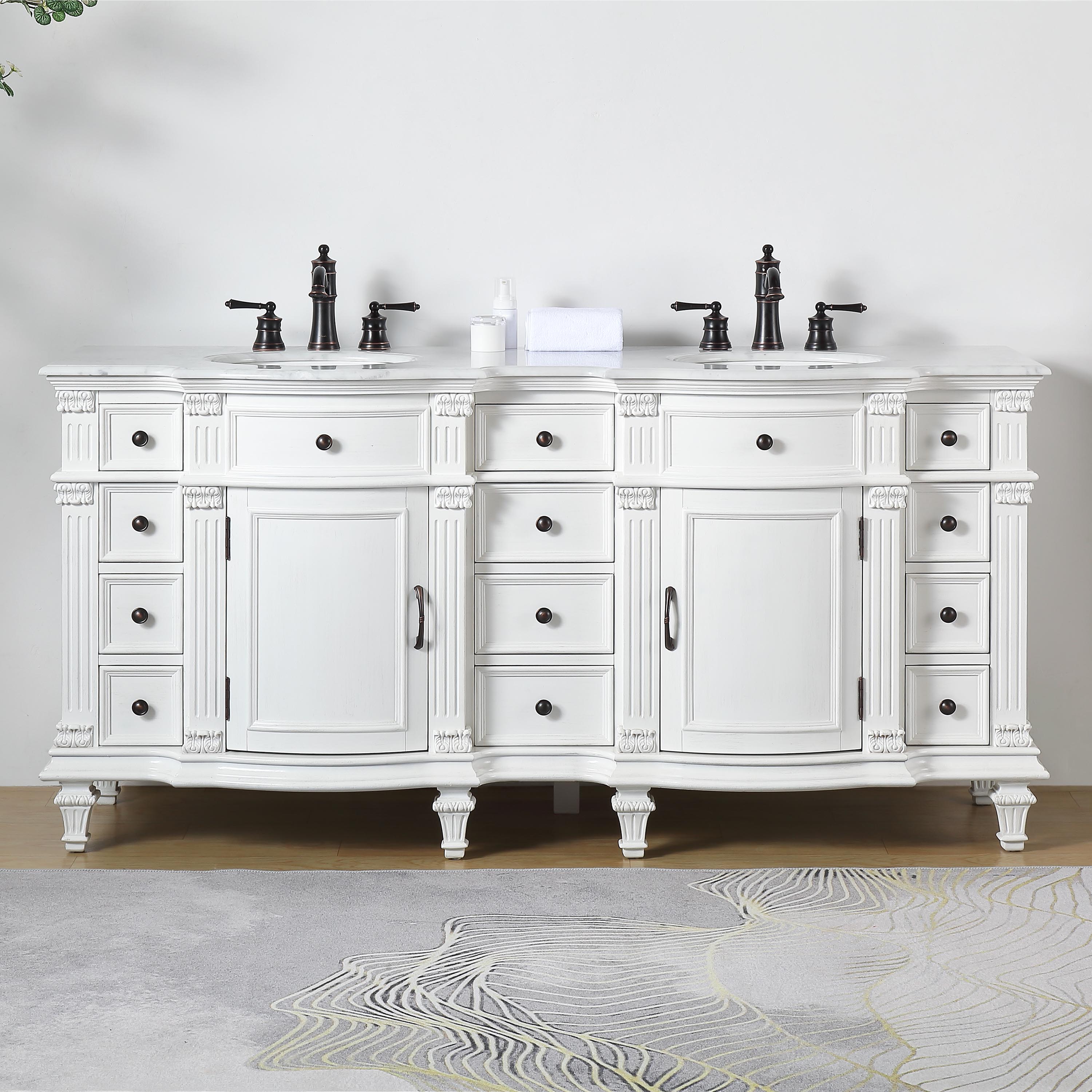 Adelina 72" Antique White Traditional Style Double Sink Bathroom Vanity with White Carrara Marble Countertop