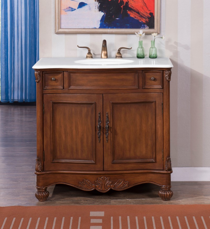 36 inch Adelina Single Bathroom Vanity in Brown Finish with Ivory White Marble