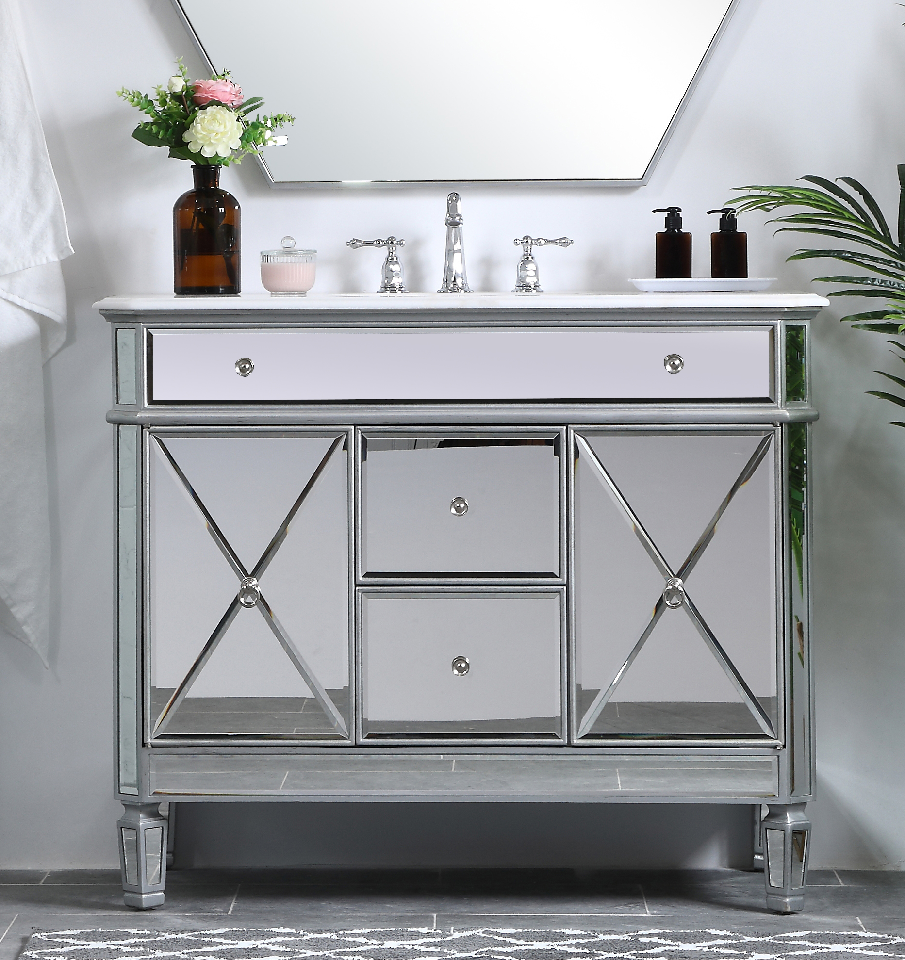 42 inch Adelina Mirrored Bathroom Vanity White Marble Top and Mirror option  42 inch Adelina Mirrored Bathroom Vanity White Marble Top and Mirror option