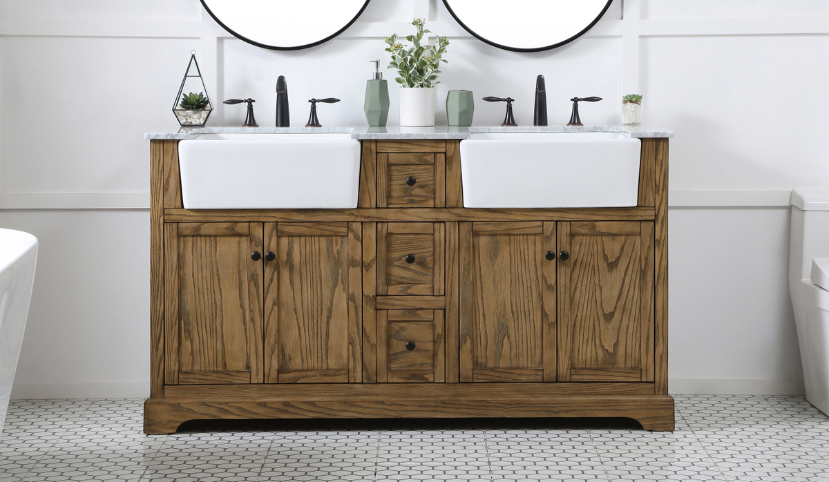 Modern Fitting 60 inch Double Bathroom Vanity in Driftwood