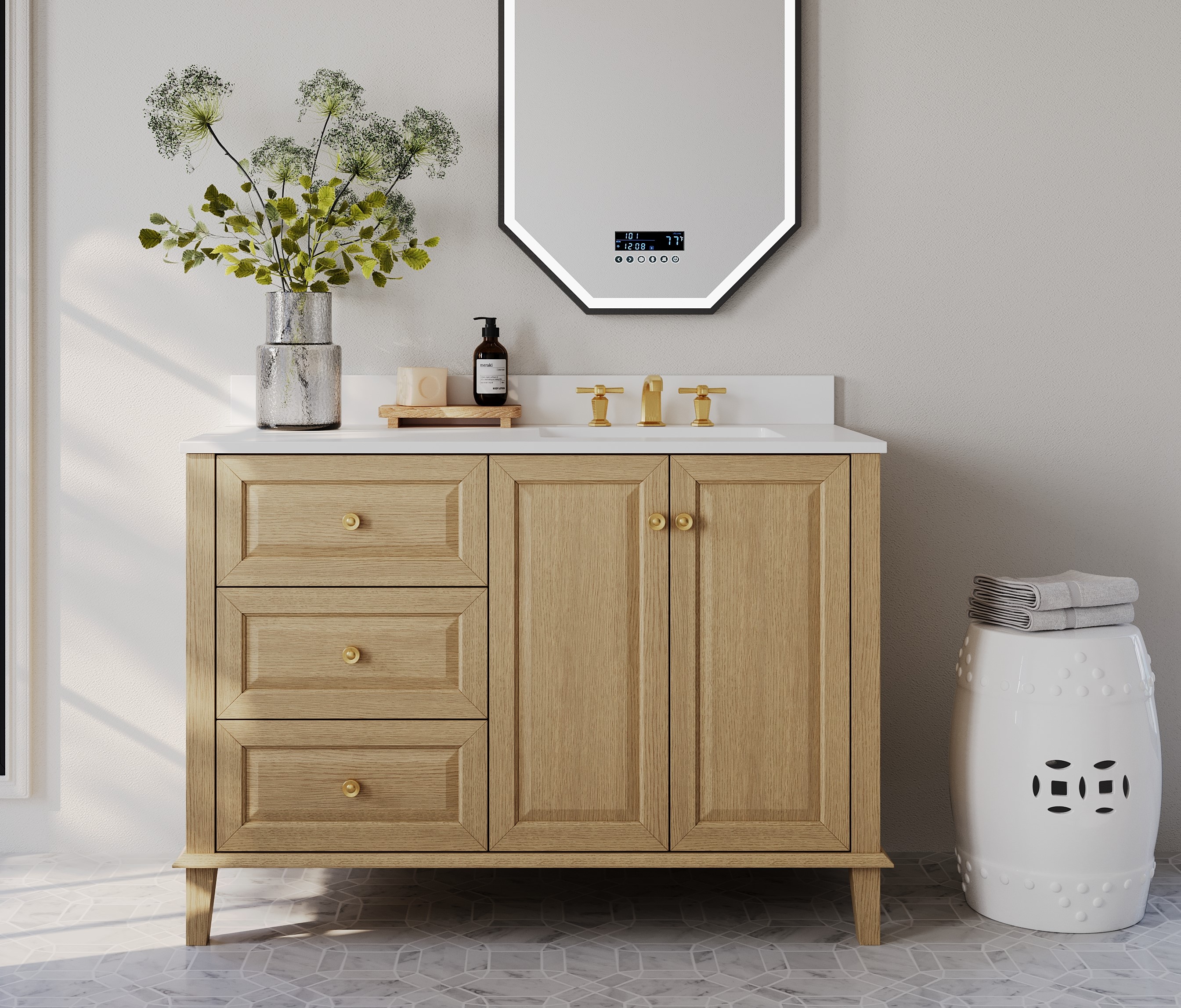 48 in. Off Centered Right Basin Vanity in Oak Finish with White Quartz Vanity top 48 in. Off Centered Right Basin Vanity in Oak Finish with White Quartz Vanity top