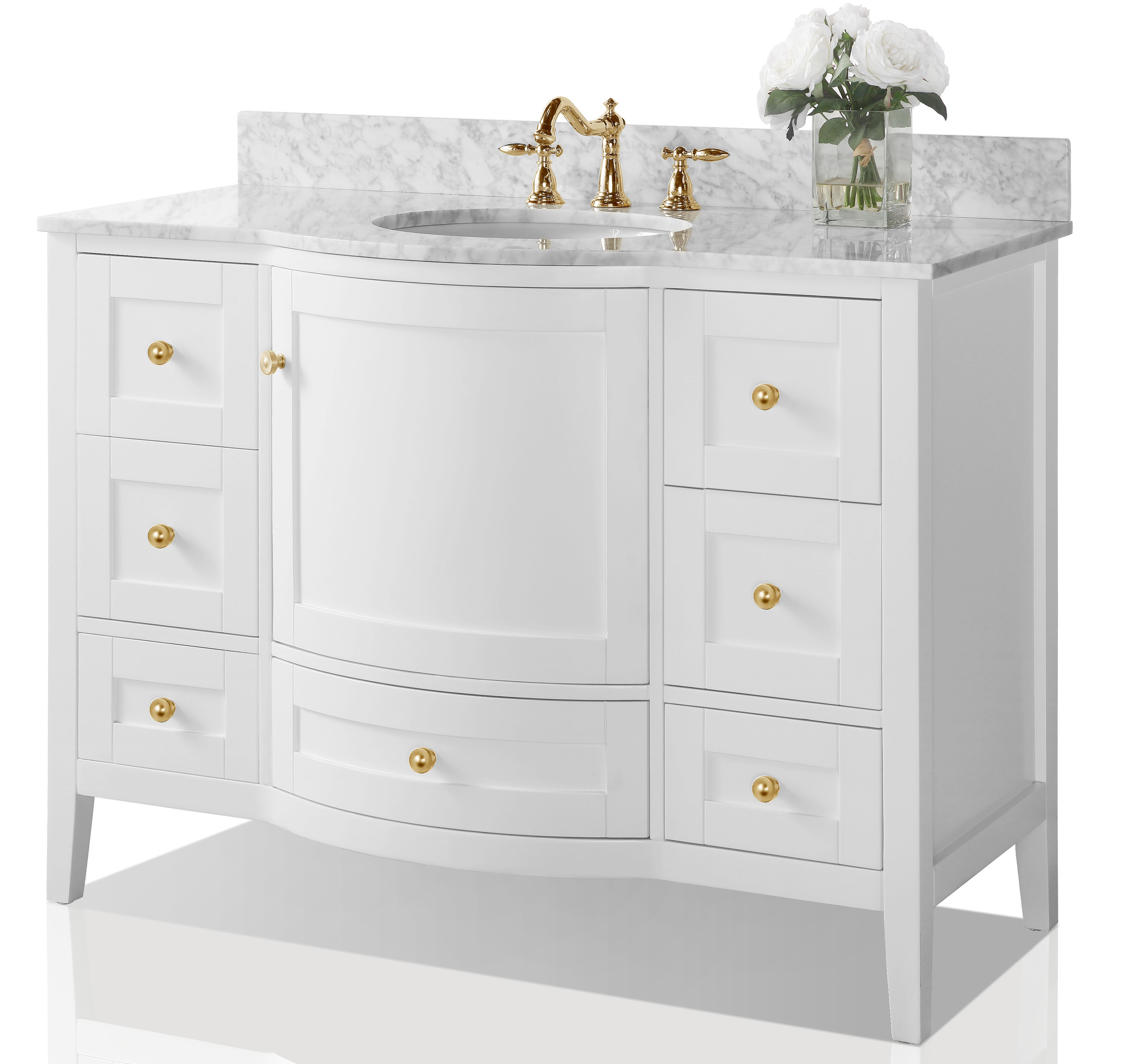 48" Single Sink Bath Vanity Set in White with Italian Carrara White Marble Vanity Top and 3 Hardware Options 