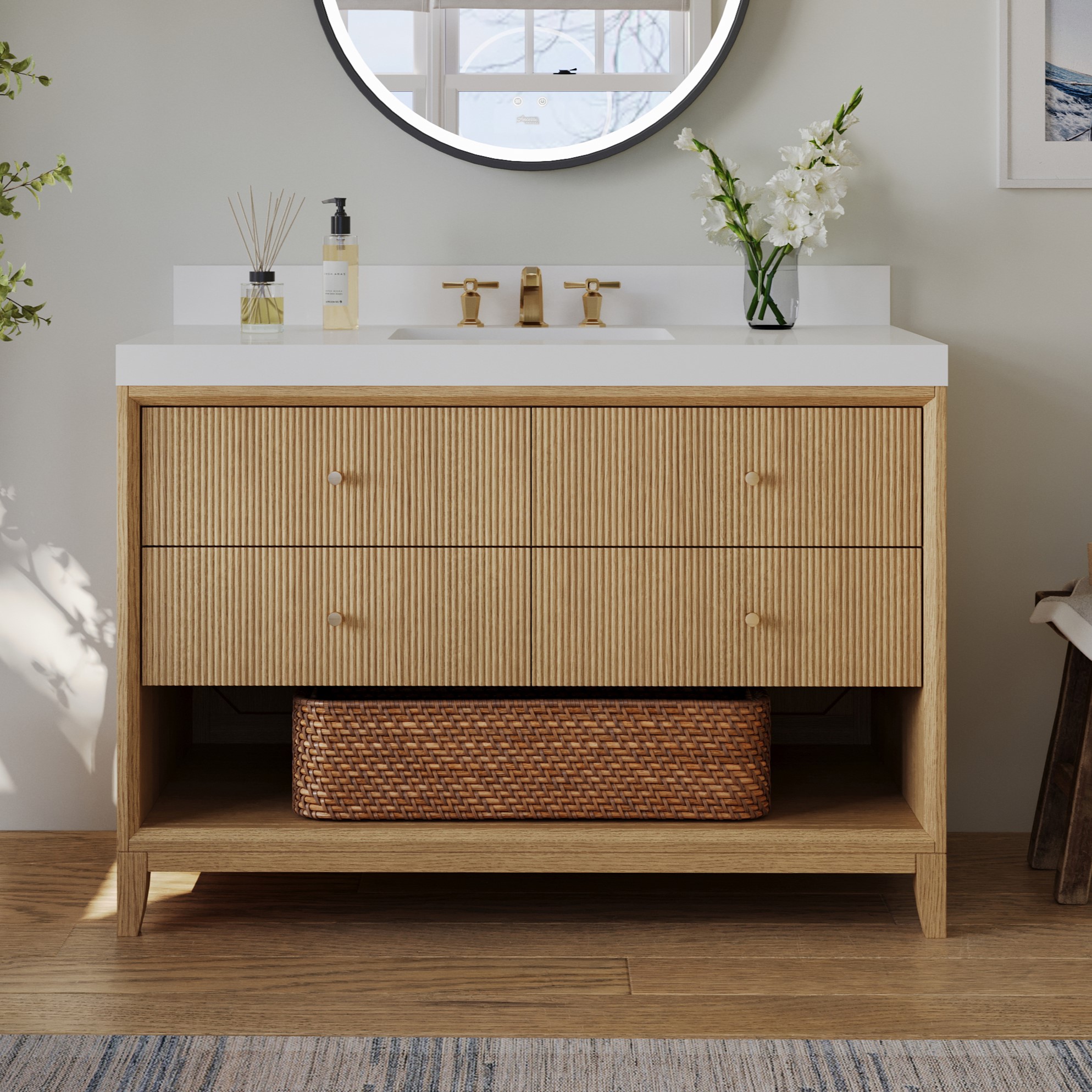 48 in. Single Bath Vanity in Oak Finish with White quartz Vanity Top and White Undermount Basin