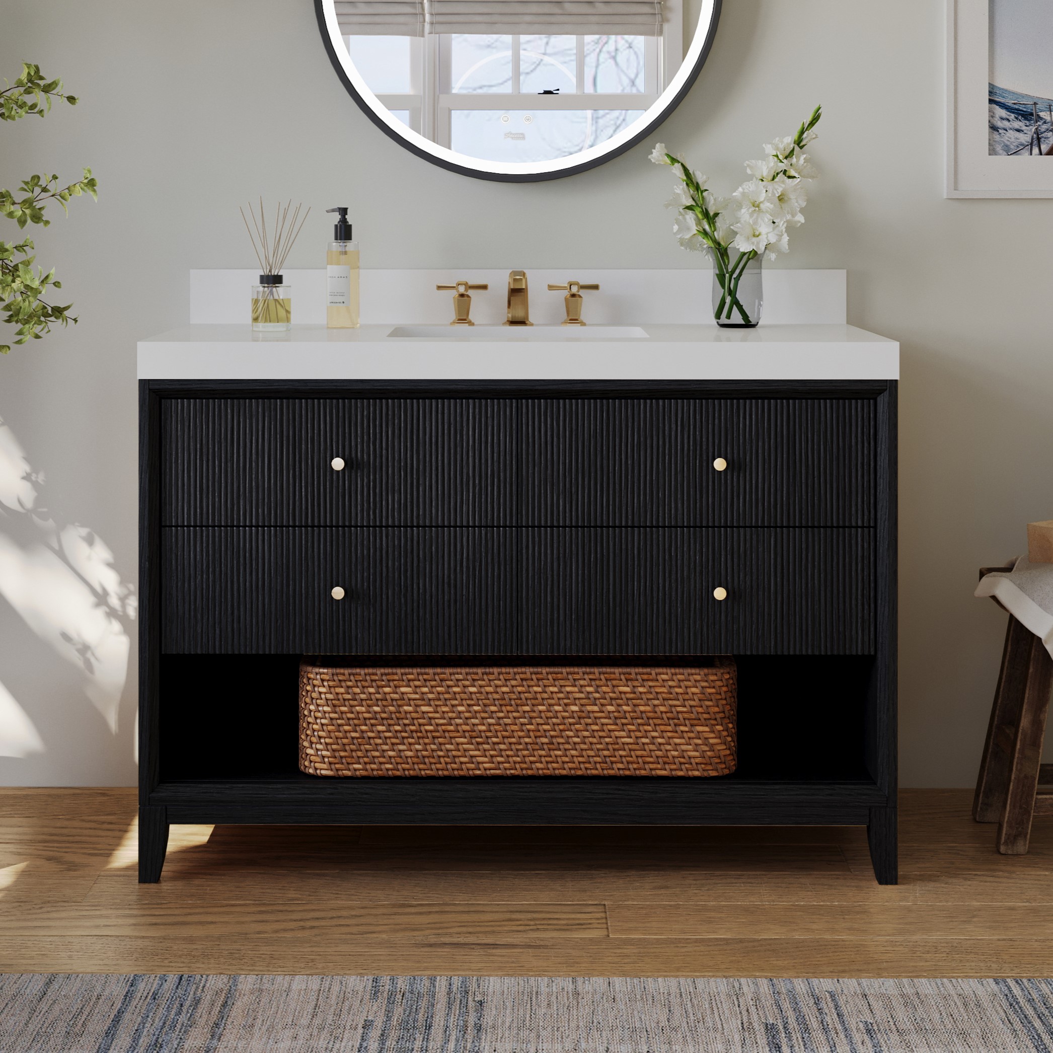 48 in. Bath Vanity in Black Oak Finish with White quartz Vanity Top and White Undermount Basin