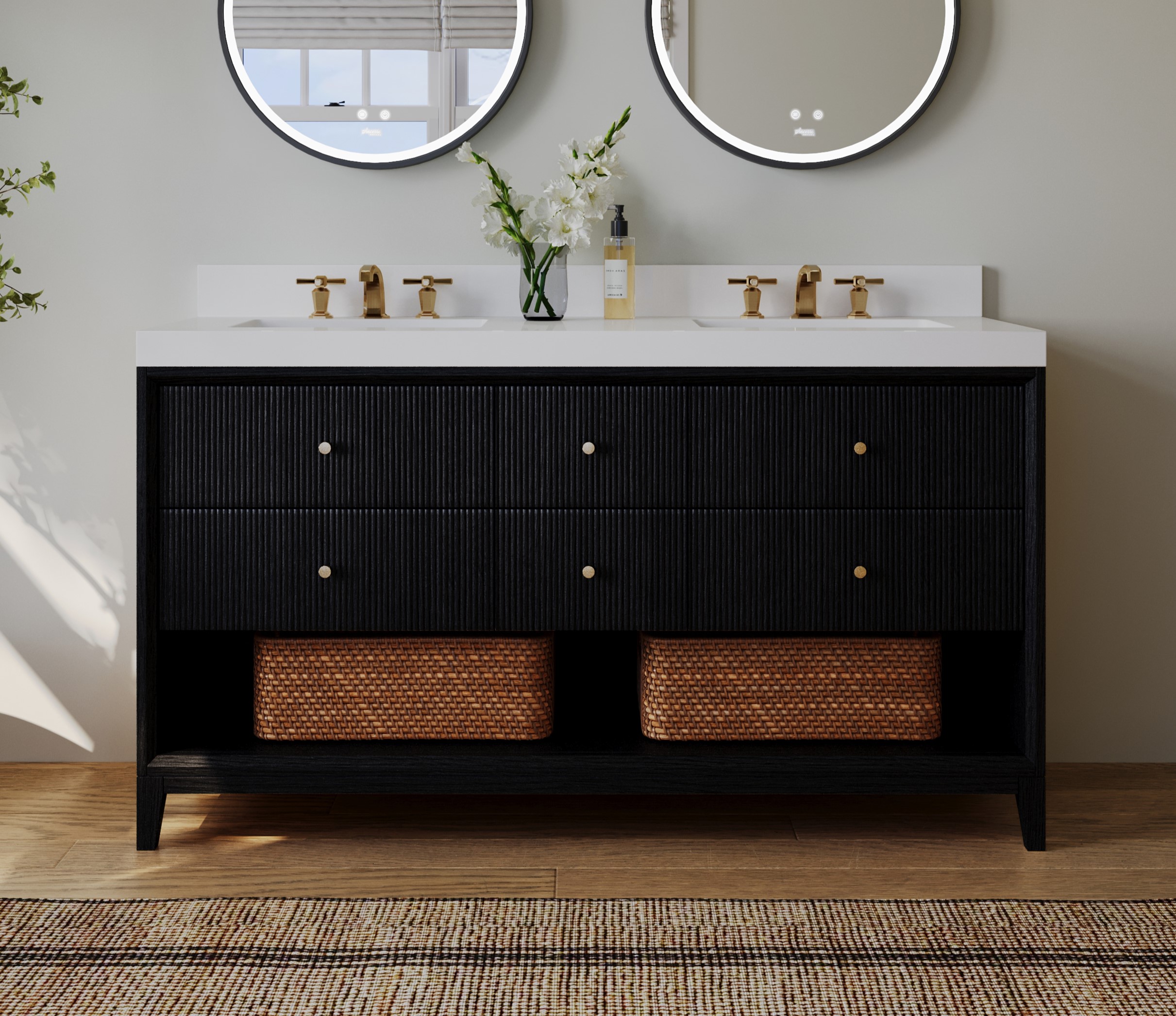60 in. Double Bath Vanity in Black Oak Finish with White quartz Vanity Top and White Undermount Basin