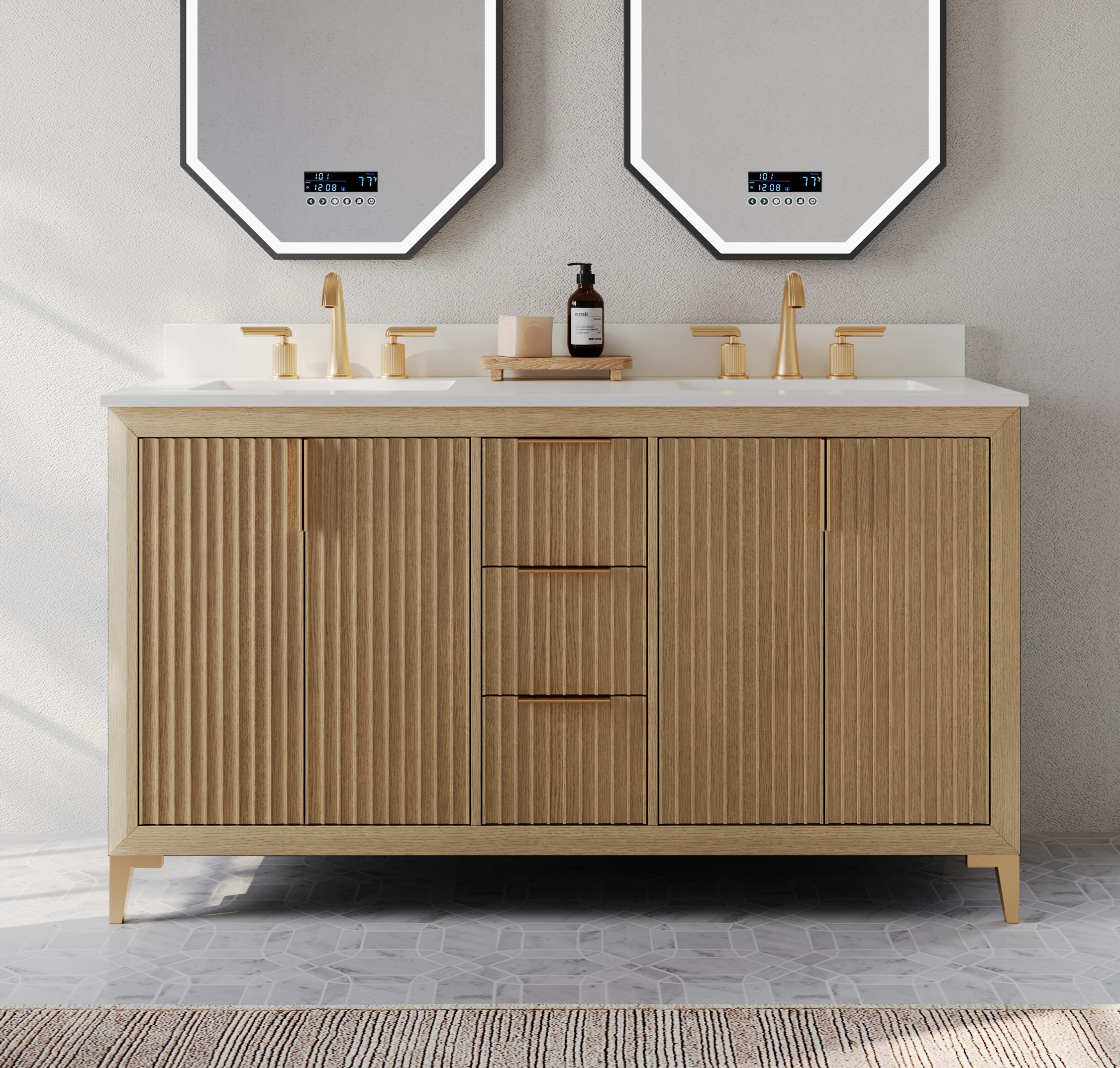 60" Double Bath Vanity in Oak Finish with White quartz Vanity Top and White Undermount Basin