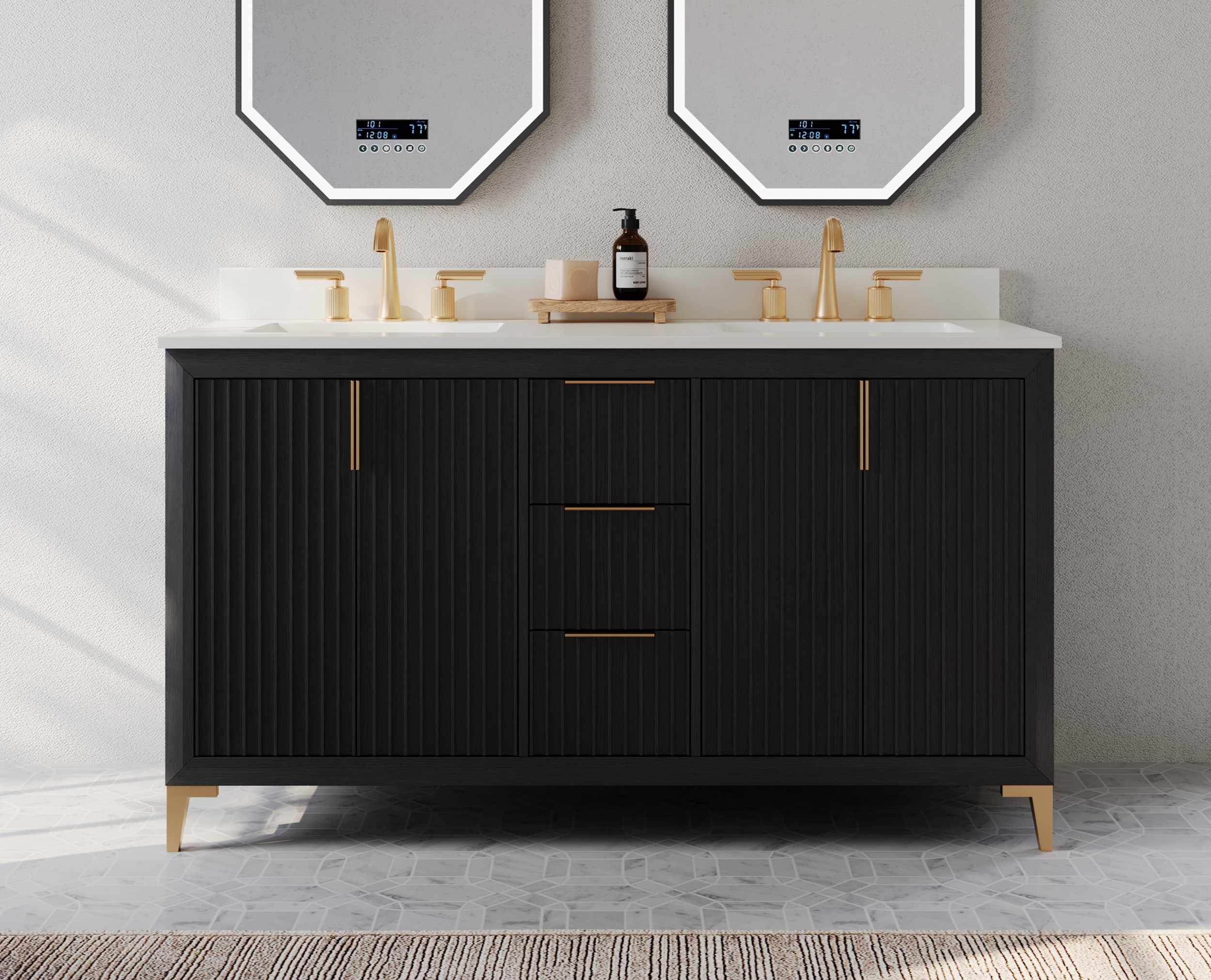 60" Double Bath Vanity in Black Oak Finish with White quartz Vanity Top and White Undermount Basin