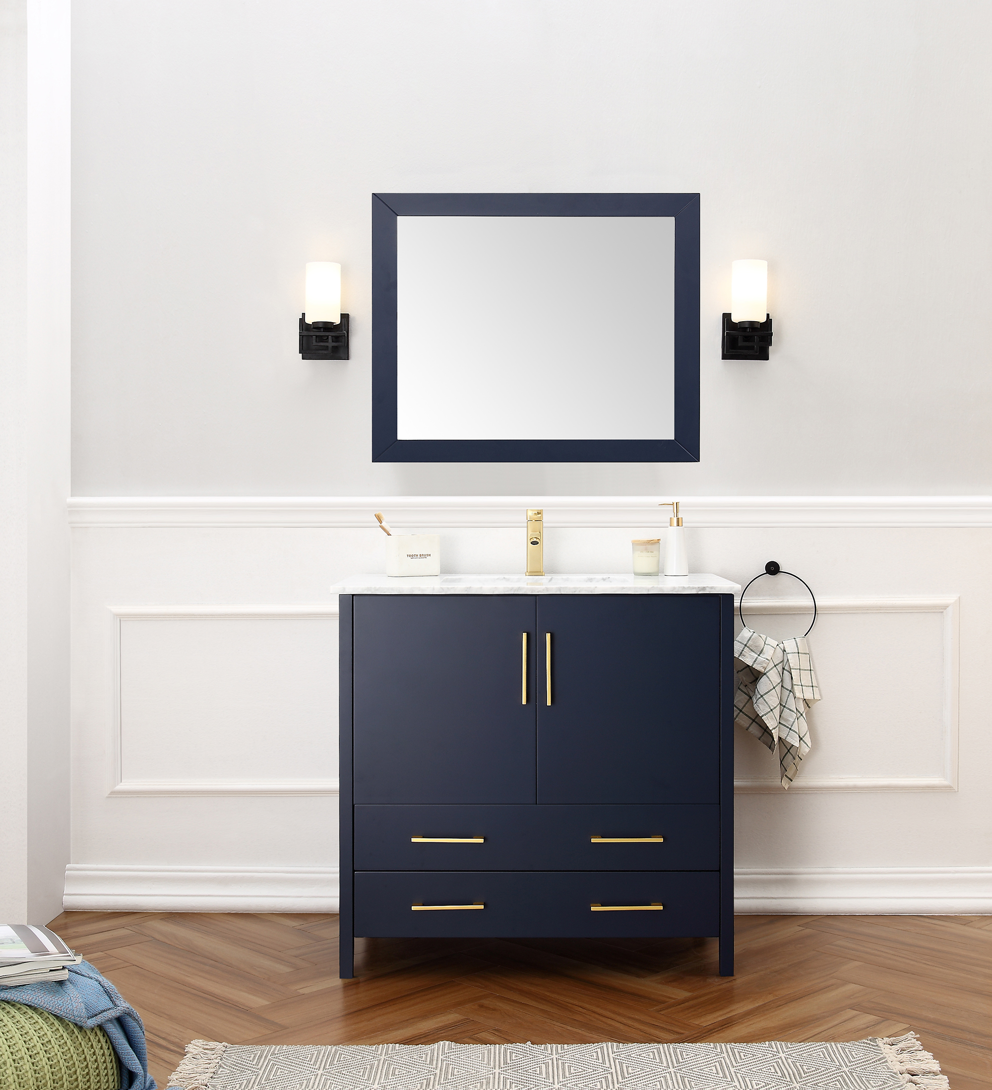 Dora Soo Collection 36" Solid Wood Sink Vanity with Mirror-No Faucet Blue Finish