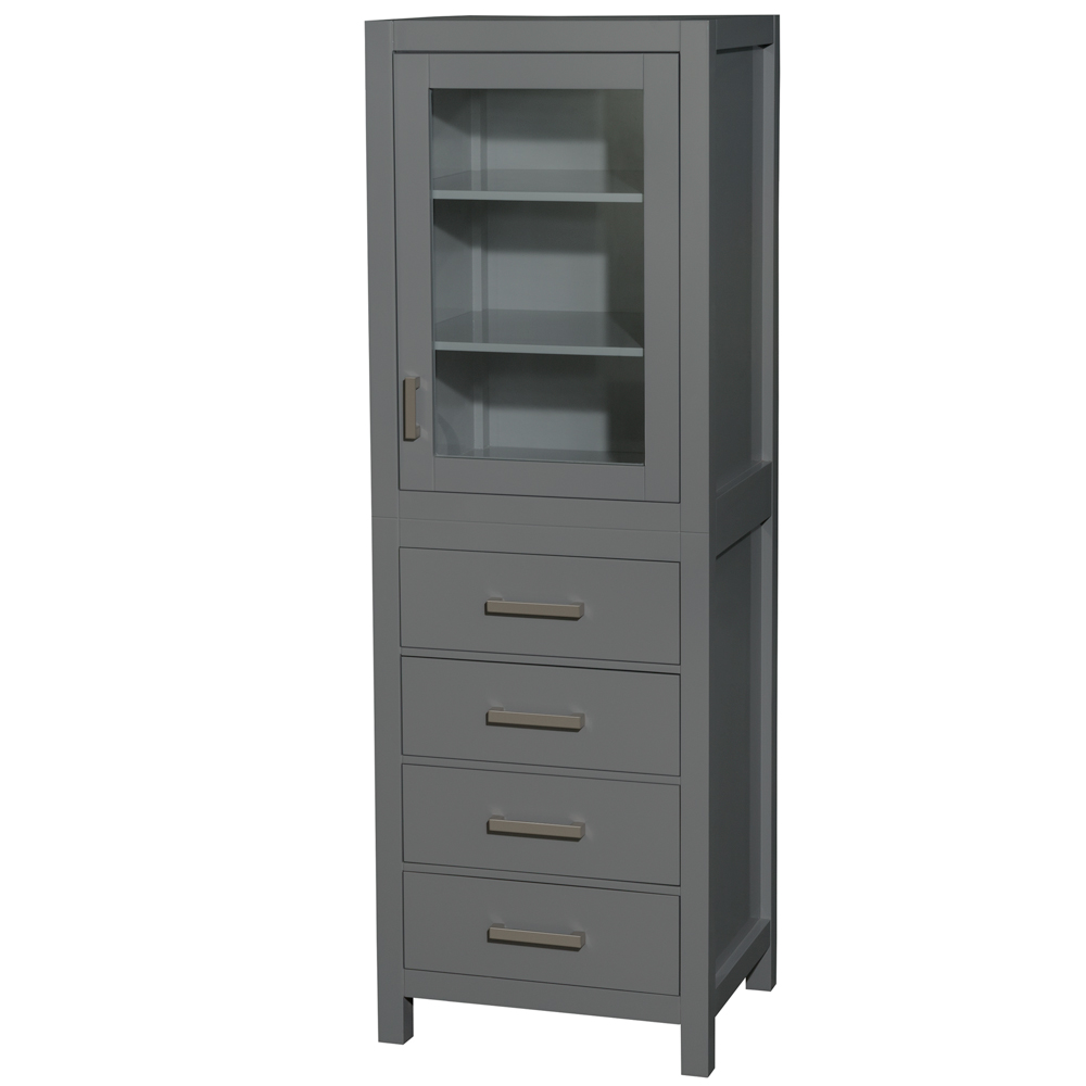 24 inch Linen Tower in Dark Gray with Shelved Cabinet Storage and 4 Drawers