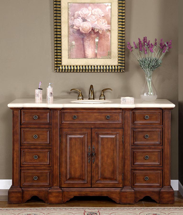 58" Single Sink Cabinet - Cream Marfil Marble Top, Under Mount, White Ceramic Sinks (3 holes)
