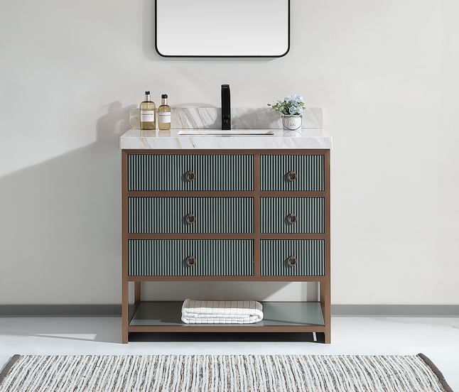 Issac Edward Collection 36" Vanity with Golden Brush Stainless Steel Frame and Pewter Green Finish with 2" Thick White Natural Stone Top