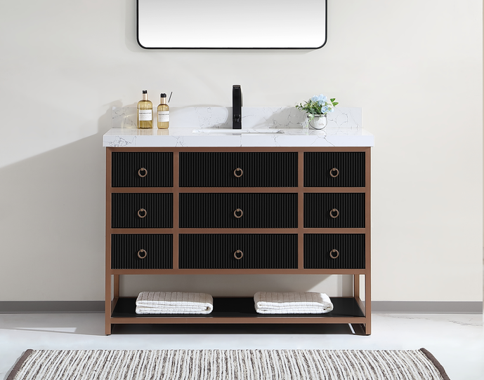 Issac Edward Collection 48" Vanity with Golden Brush Stainless Steel Frame and Tricorn Black Finish with 2" Thick White Stone Top Issac Edward Collection 48" Vanity with Golden Brush Stainless Steel Frame and Tricorn Black Finish with 2" Thick White Stone Top