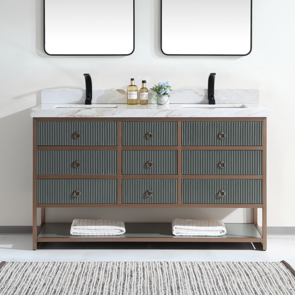 Issac Edward Collection 60" Double Vanity with Golden Brush Stainless Steel Frame and Pewter Green Finish with 2" Thick White Natural Stone Top