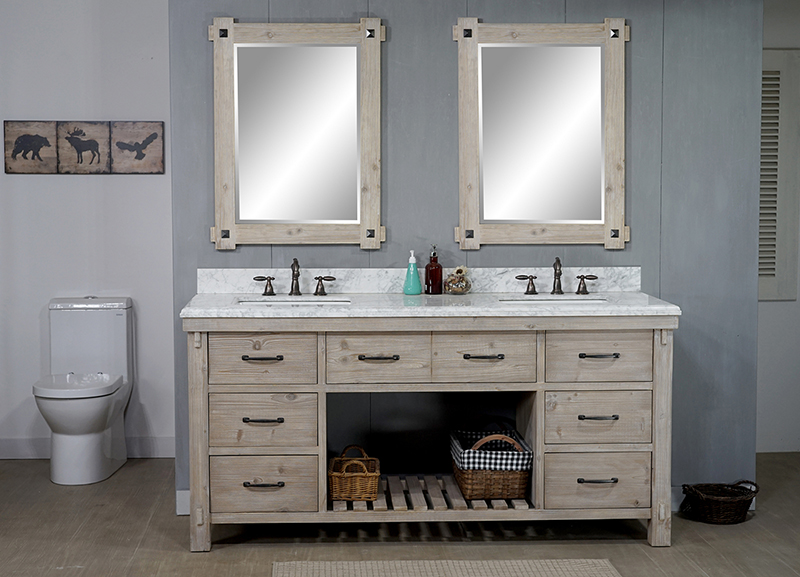 72" Rustic Solid Fir Double Sink Vanity with Rectangular Sink and Carrara White Marble Top Beveled Edge - No Faucet