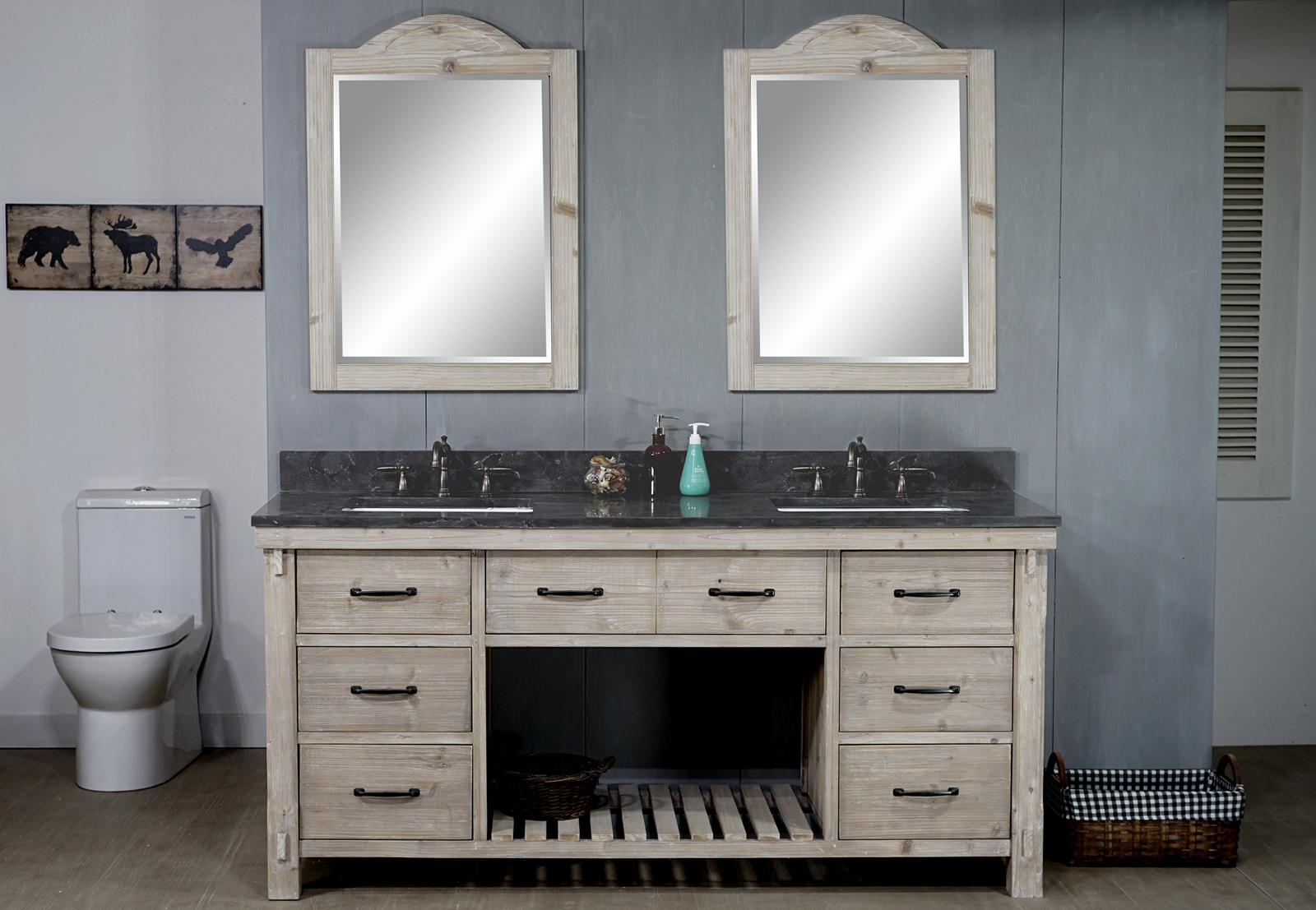 72" Rustic Solid Fir Double Sink Vanity with Rectangular Sink Limestone Top - No Faucet