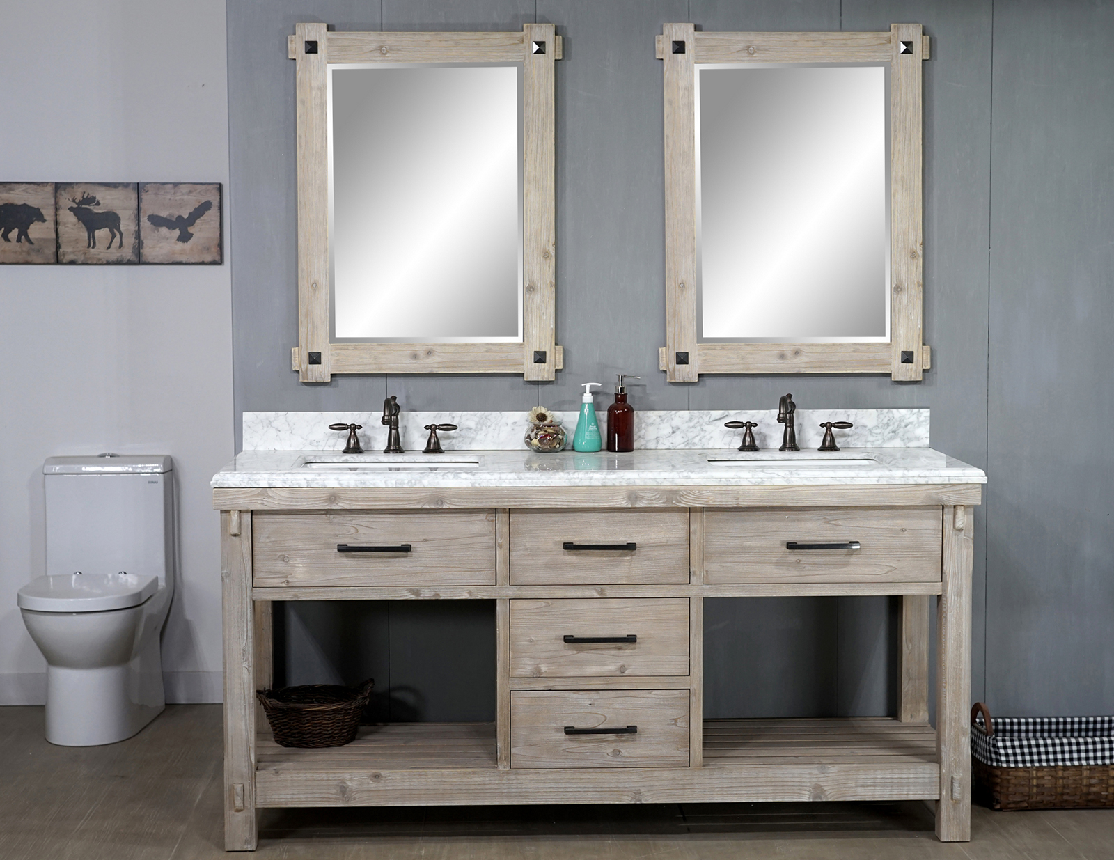 72" Rustic Solid Fir Double Sink Vanity with Carrara White Marble Top Beveled Edge and Rectangular Sink - No Faucet
