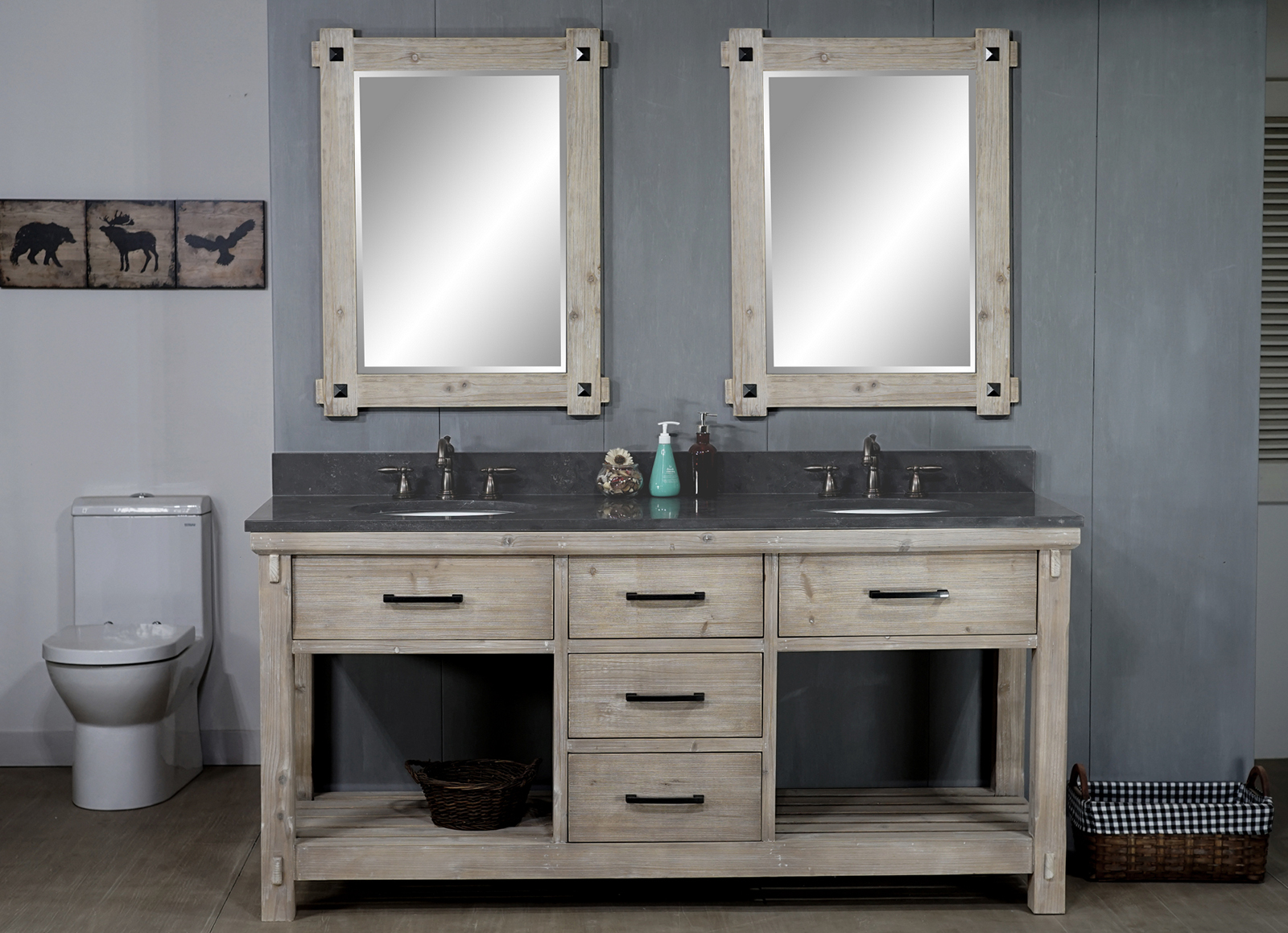 72" Rustic Solid Fir Double Sink Vanity with Limestone Top and Oval Sink - No Faucet